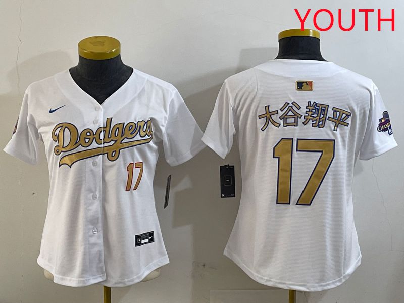 Youth Los Angeles Dodgers #17 Ohtani White Champion gold character 2025 Nike MLB Jersey style 6